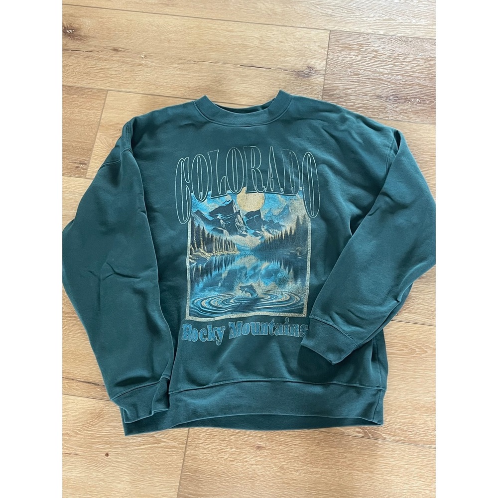 State of Mine Colorado Rocky Mountains Sweatshirt Green Graphic Pullover Large